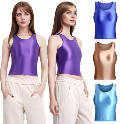 MJINM Damen Smooth Glossy Tops Yogs Fitness Undershirt Ärmellos Short Tank Tops - Bild 1 von 4