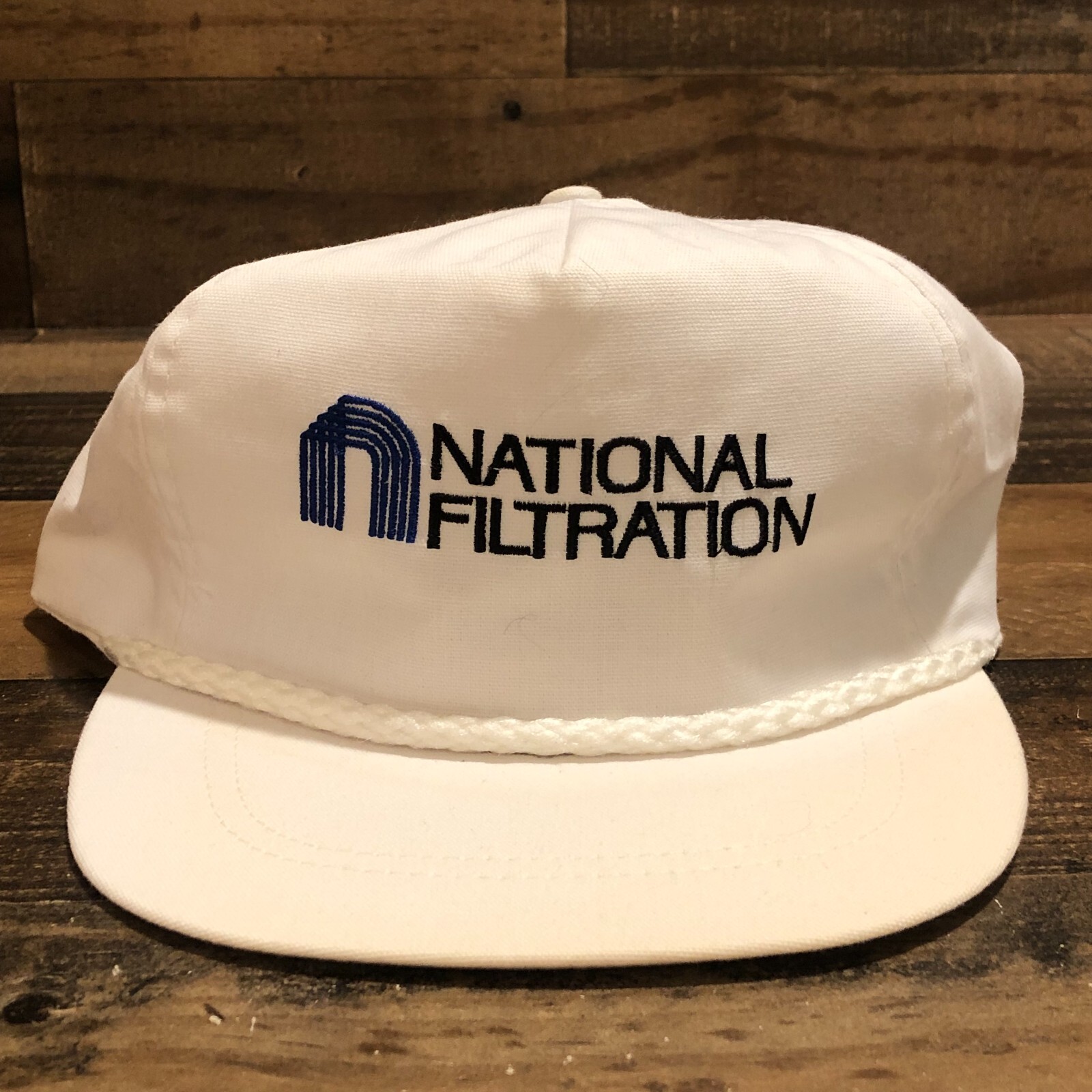 Vintage 90s National Filtration Baseball Cap Strapback Blue White Mens