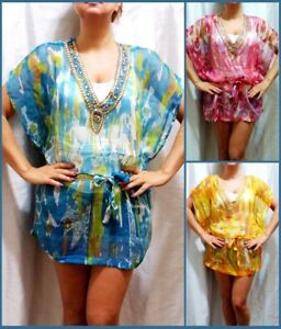 Mini Dress  Tunic Tie Dye Studded Sheer  Cover  Up  Beach Top 