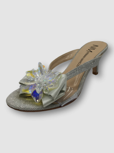 $239 Neiman Marcus Women's Silver Crystal Glitter Thong Heel Sandal Shoes US 6 M