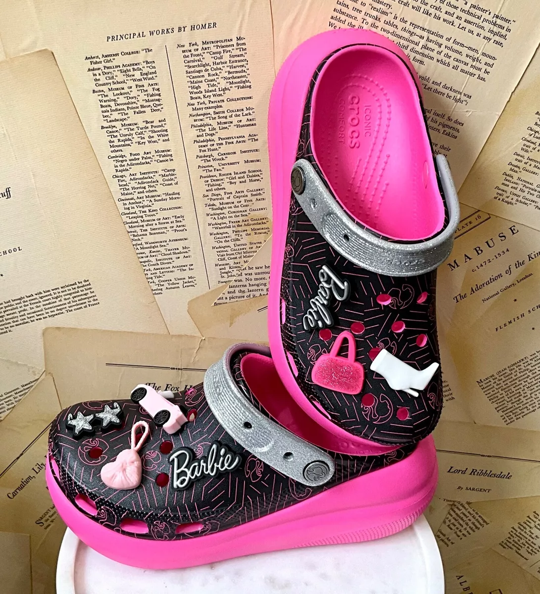 Urban Outfitters X Crocs Barbie Crush Clogs Hot Pink Black Jibbitz