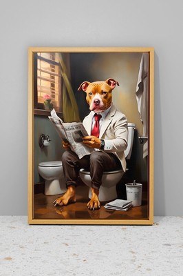 Funny Bathroom Wall Art, Pitbull Sitting on the Toilet Reading a Newspaper Pr...