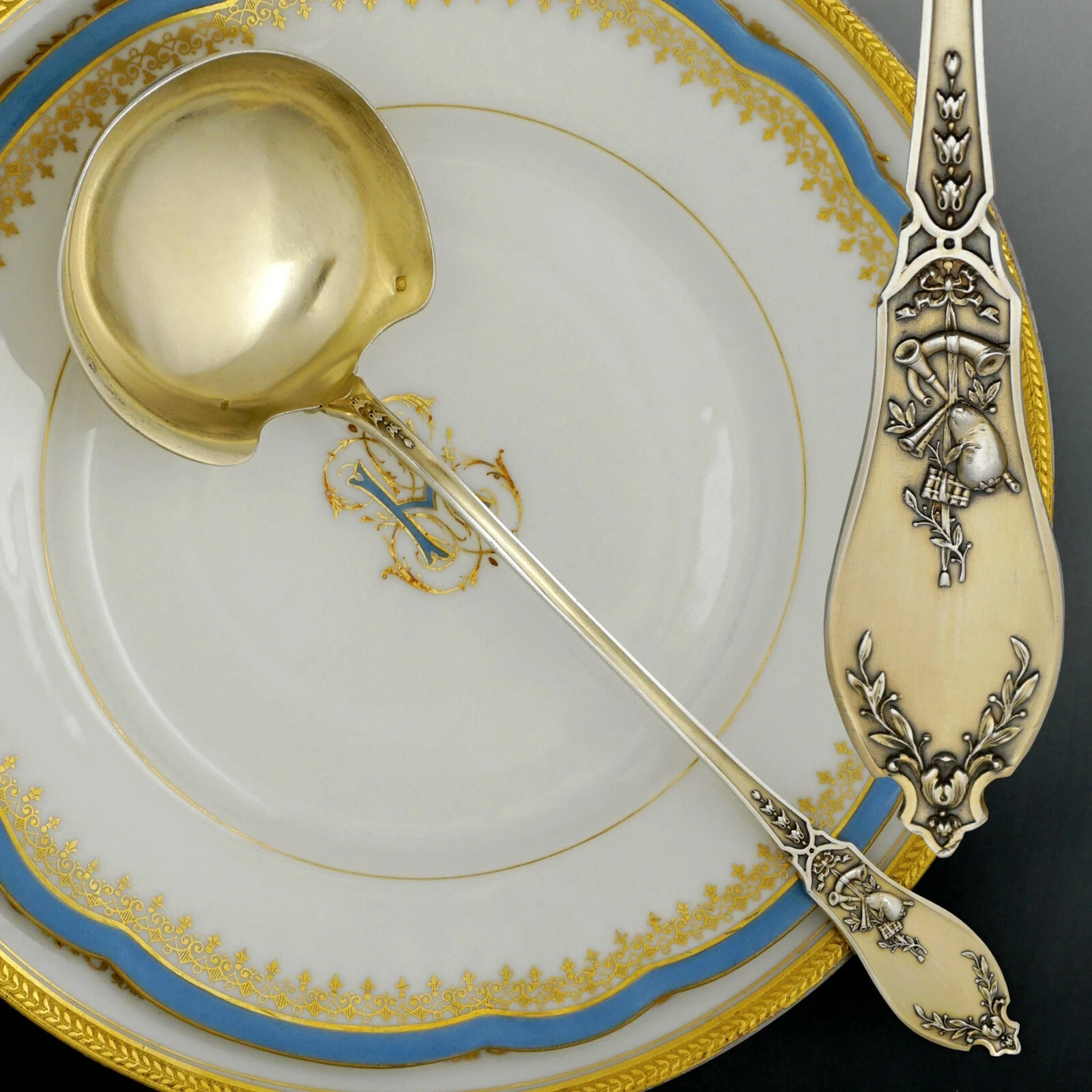 Antique French Sterling Silver Gold Vermeil Sauce Cream Ladle, Musical Motifs
