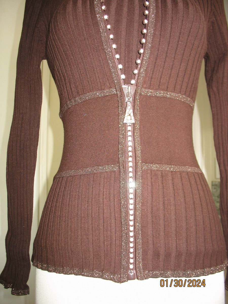 BELLDINI DEEP BROWN RIB KNIT RHINESTONE ZIPPER METALLIC TWIN