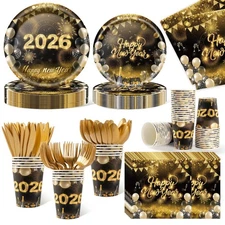 350PCS New Years Eve Party Supplies Set, Dinnerware for 50 Guests, Plates, Na...