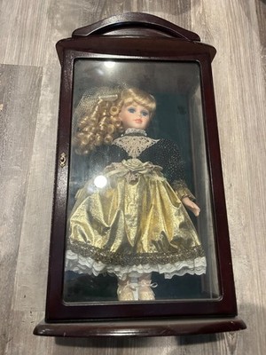 Porcelain Doll Blonde Blue Eyes w/ Wood Glass Display Case