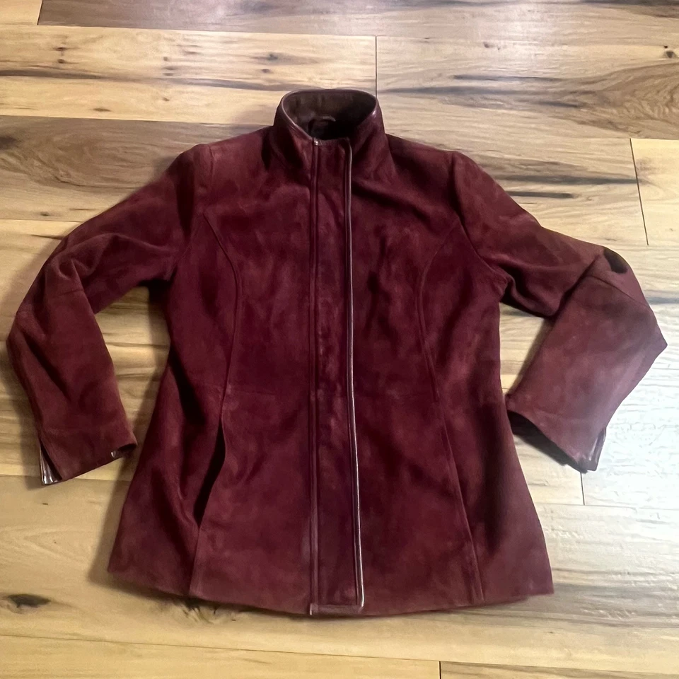 Investments Suede Leather Burgundy Full Zip Jacket Women’s Size S Old Money Vtg - Image 3 of 4