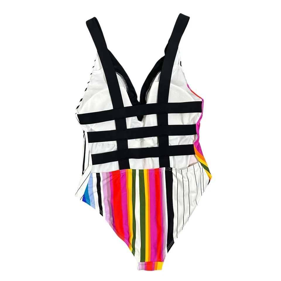 Traje de baño Rachel Roy con tiras enrejado espalda rayas arco iris 1 pieza talla 14 Resort Foto 4 de 4