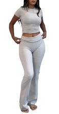 Casual Workout Piece Outfits for Short Sleeve Crop High Waist Foldover Flare ...