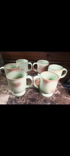 Set Of 6 Vintage Prairie Green Frankoma Pottery C13 Pedestal Mugs Made In USA