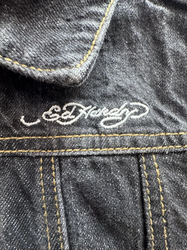 Chaleco Ed Hardy Niños 4T Negro Denim Cremallera Frontal Calavera Rosa Tatuaje Diseño Gráfico Foto 3 de 4