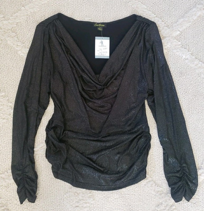 New Cartise Size Large Black Metallic Silver Long Sleeve Cowl Neck Stretch Blous