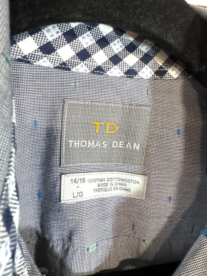 Camisa de algodón TD Thomas Dean para niños 14/16 puño abatible azul geométrico botón roto Foto 2 de 4