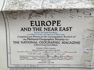 National Geographic Magazine, Folded Paper Map, Europe & The Near East. 1949