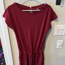 Romper with Elastic Waist and Back Keyhole Opening Burgundy Red  Size Small