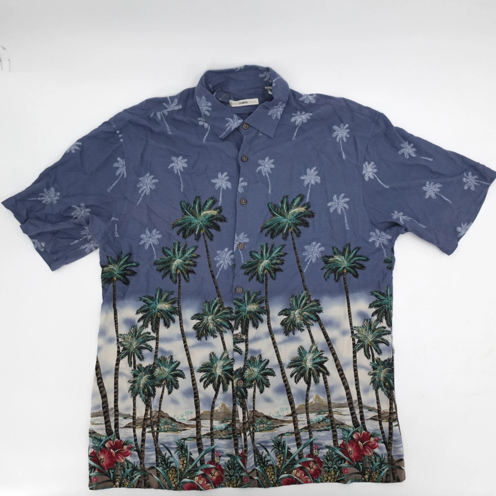 Campia Moda Shirt mens large Blue Floral Hawaiian Button Palm Tree Graphic Print