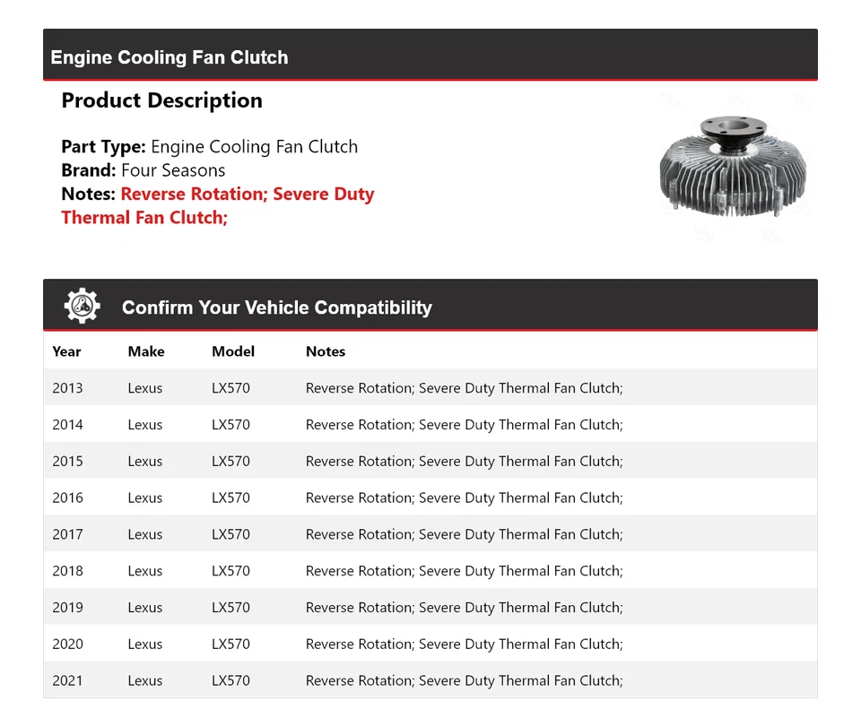 Муфта вентилятора охлаждения двигателя для Lexus LX570 2013-2021 4 сезона 2014 2015 2016 - Изображение 2 из 4