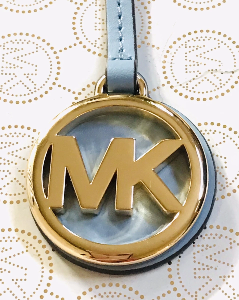 Michael Kors MK Logo Gold Hardware Charm Pale Blue Leather Handbag Fob Hang Tag