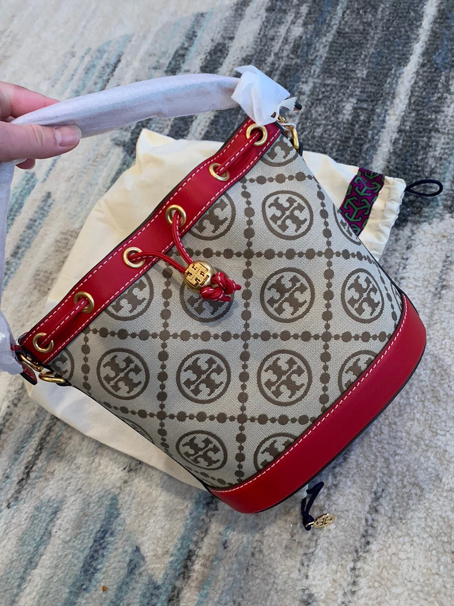 NWT Tory Burch 84336 T Monogram Jacquard Bucket Bag Hazelnut/Tory Red