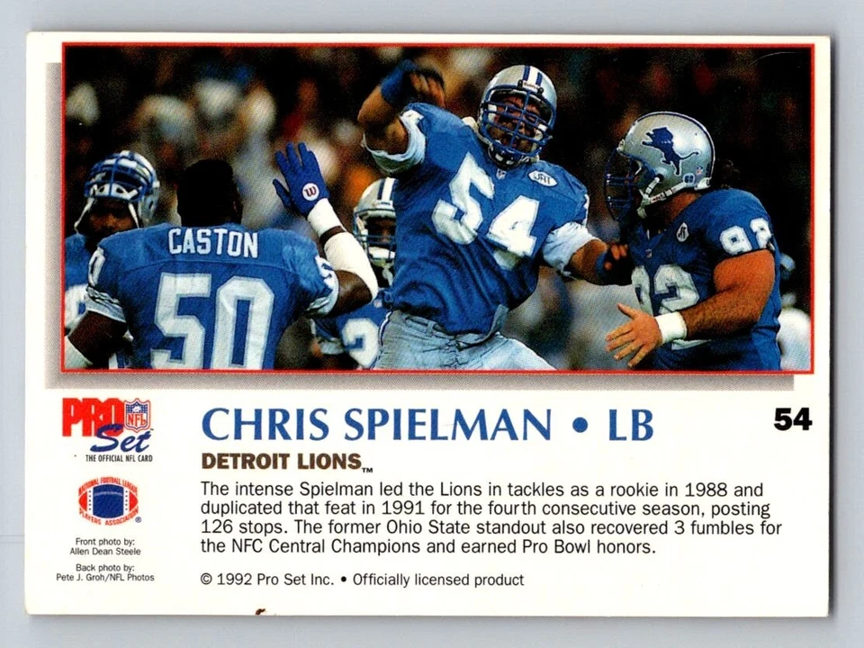 1992 Pro Set Power Chris Spielman #54 Detroit Lions - Image 2 of 2