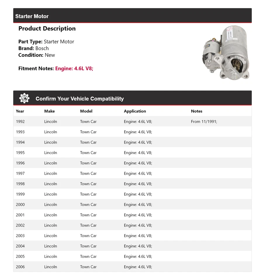 Para 1992-2006 Lincoln Town Car 4.6L V8 Bosch Starter (Novo) 1993 1994 1995 1996 - Imagem 2 de 4