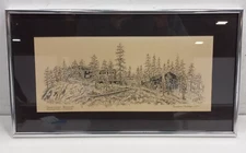 1972 VTG Evergreen CO Cabin Woods Landscape Pen And Ink Drawing Framed Signed