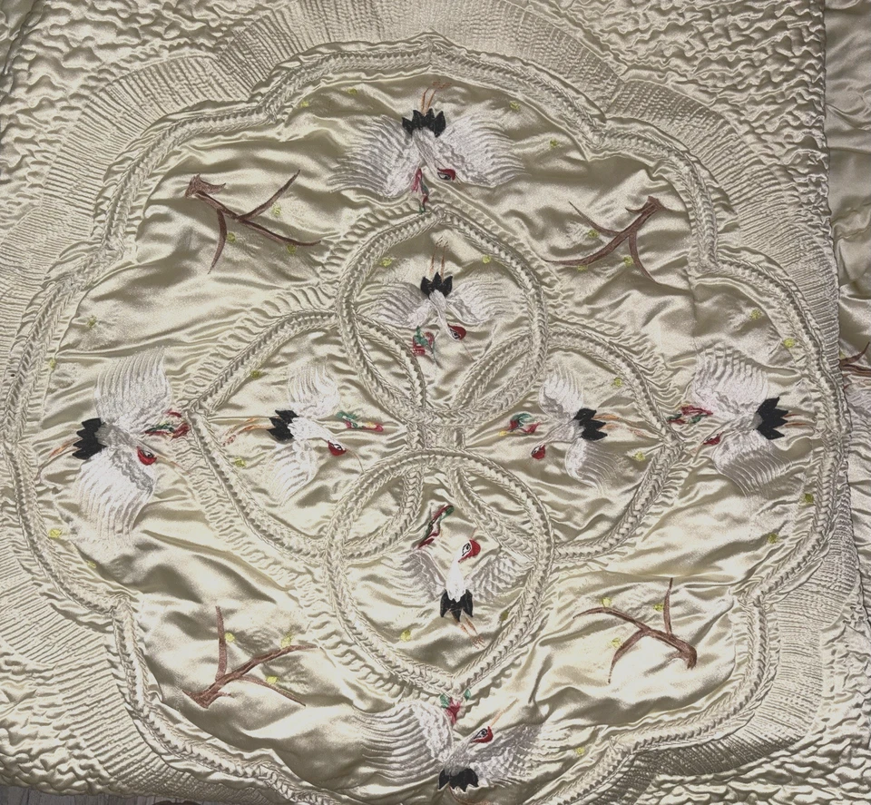 Vintage Ivory Satin Quilted Bird & Branch Embroidered Bedspread Bed Cover 82x101 - Image 2 of 4