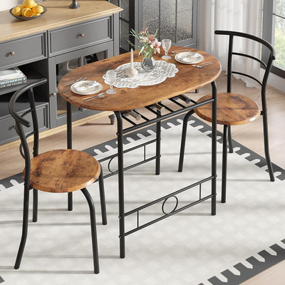3-Piece Dining Table Set for Kitchen Breakfast Nook, Wood Grain Oval Tabletop an