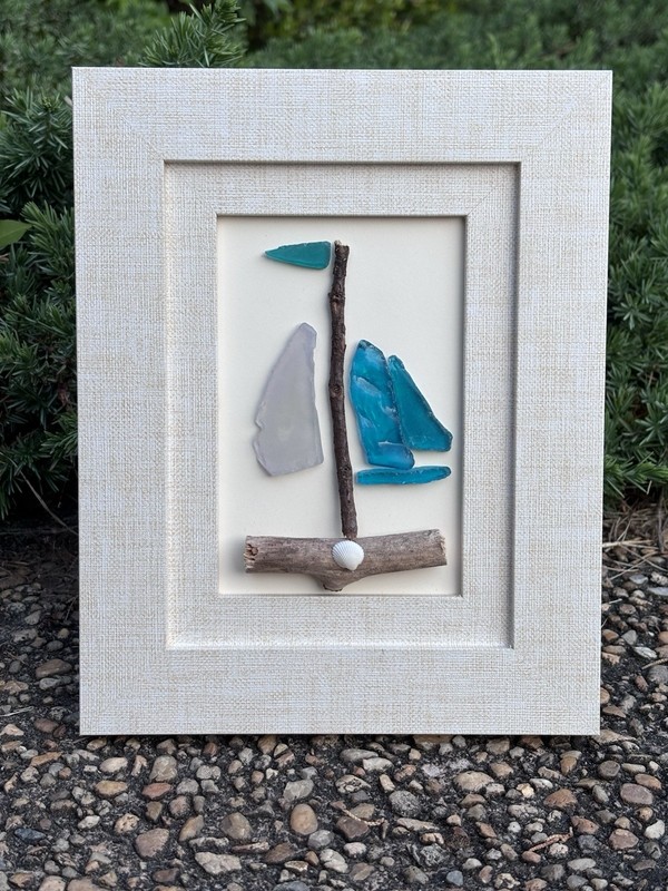 Handcrafted Sailboat Sea Glass Art with Natural Wood and Shell Accents in Frame