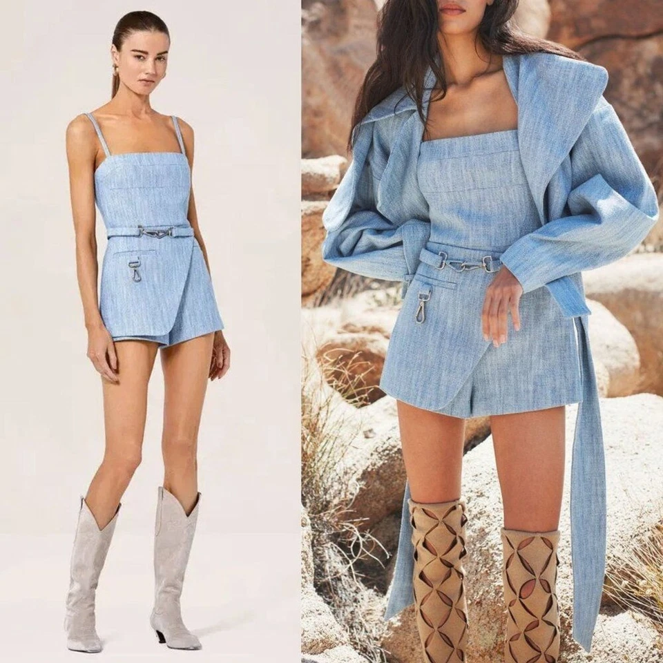 Alexis Camillo Sky Blue Square Neck Cotton Linen Romper Size M - Image 2 of 4