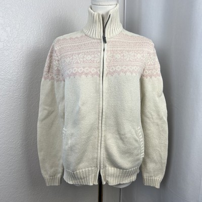 Lauren Ralph Lauren Sweater Womens Large Cream Pink Fair Isle Zip Cozy Ski Lodge