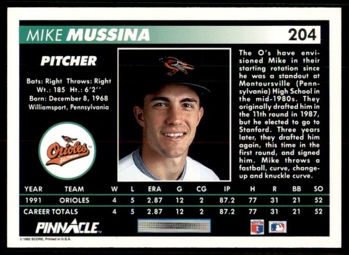 1992 Pinnacle #204 Mike Mussina - Picture 2 of 2