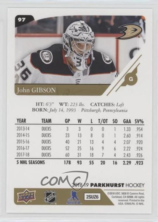 2018-19 Upper Deck Parkhurst Gold John Gibson #97 - Image 2 of 2