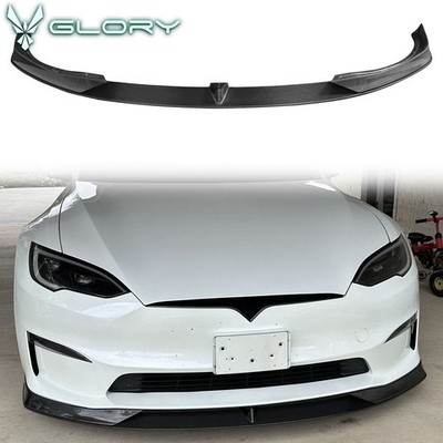 Fit 21-25 Tesla Model S V Style Front Bumper Lip Gloss Black Carbon Fiber CF 3PC