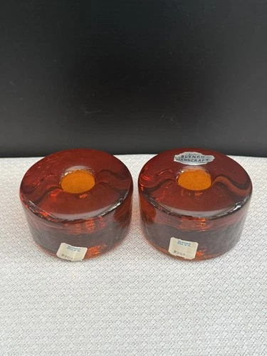 Blenko Amber Glass Hockey Puck Candle Holder 990A Pair Vintage Original Stickers