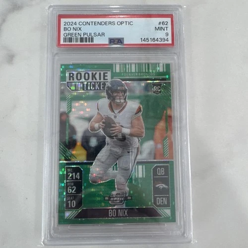Bo Nix 2024 Panini Contenders Optic #62 Green Prizm Rookie Ticket RC /49 PSA 9