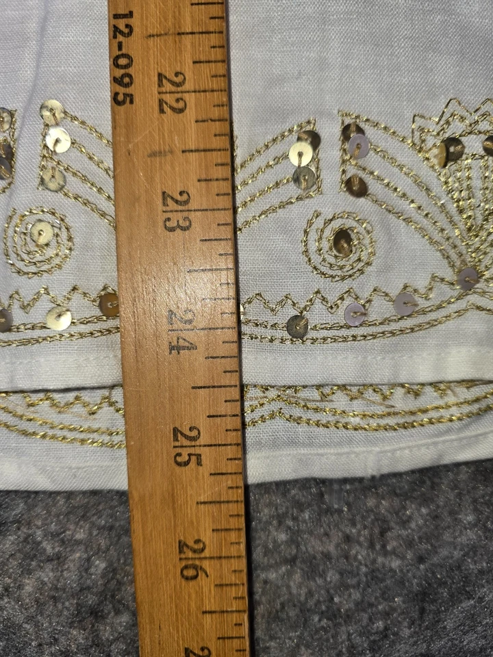 Hermosa túnica Saint Tropez West XL lino bordado lentejuelas oro blanco Foto 3 de 4