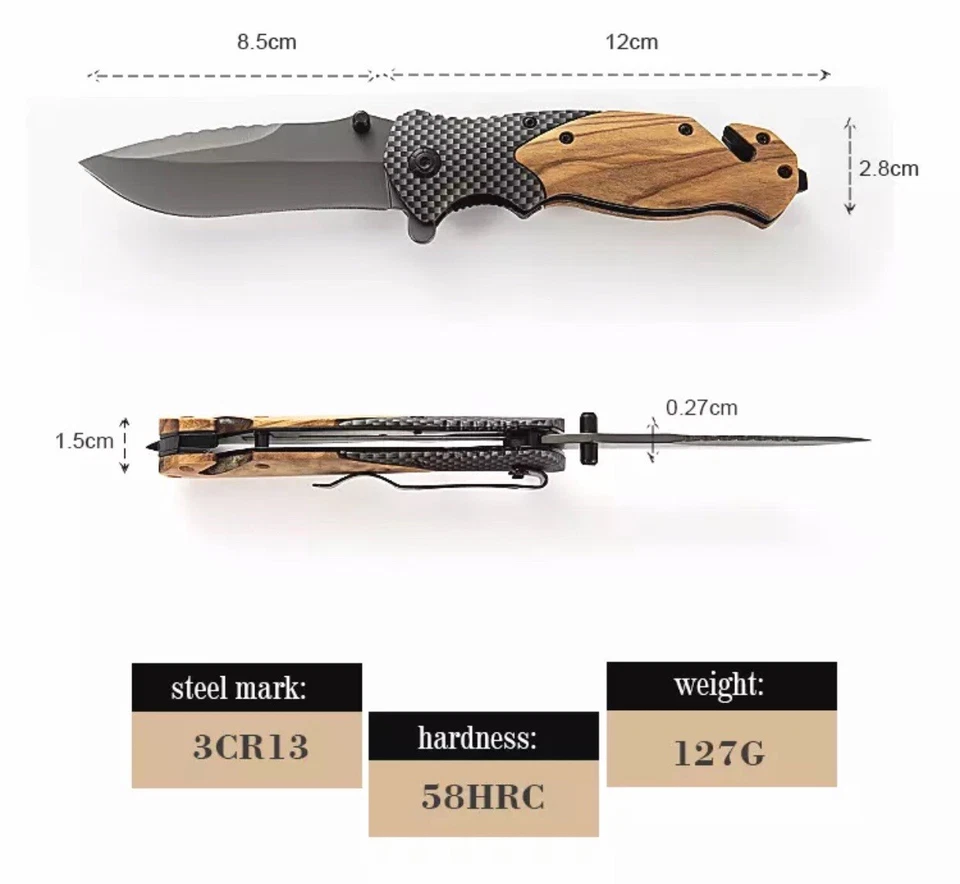 Faca de bolso militar gravada em madeira de oliveira punidor bandeira americana presente ao ar livre - Imagem 2 de 3