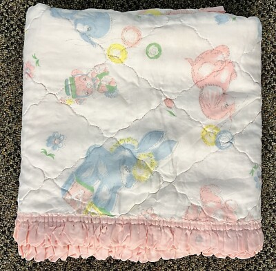 Vintage Baby Blanket Crib Quilted Comforter Pastel Ruffle