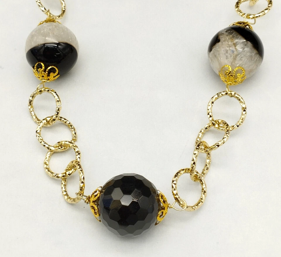Collar Mujer Cadena Largo Aluminio Imitación Oro Ágata Negro Ónix Elegante Luz - Imagen 4 de 4