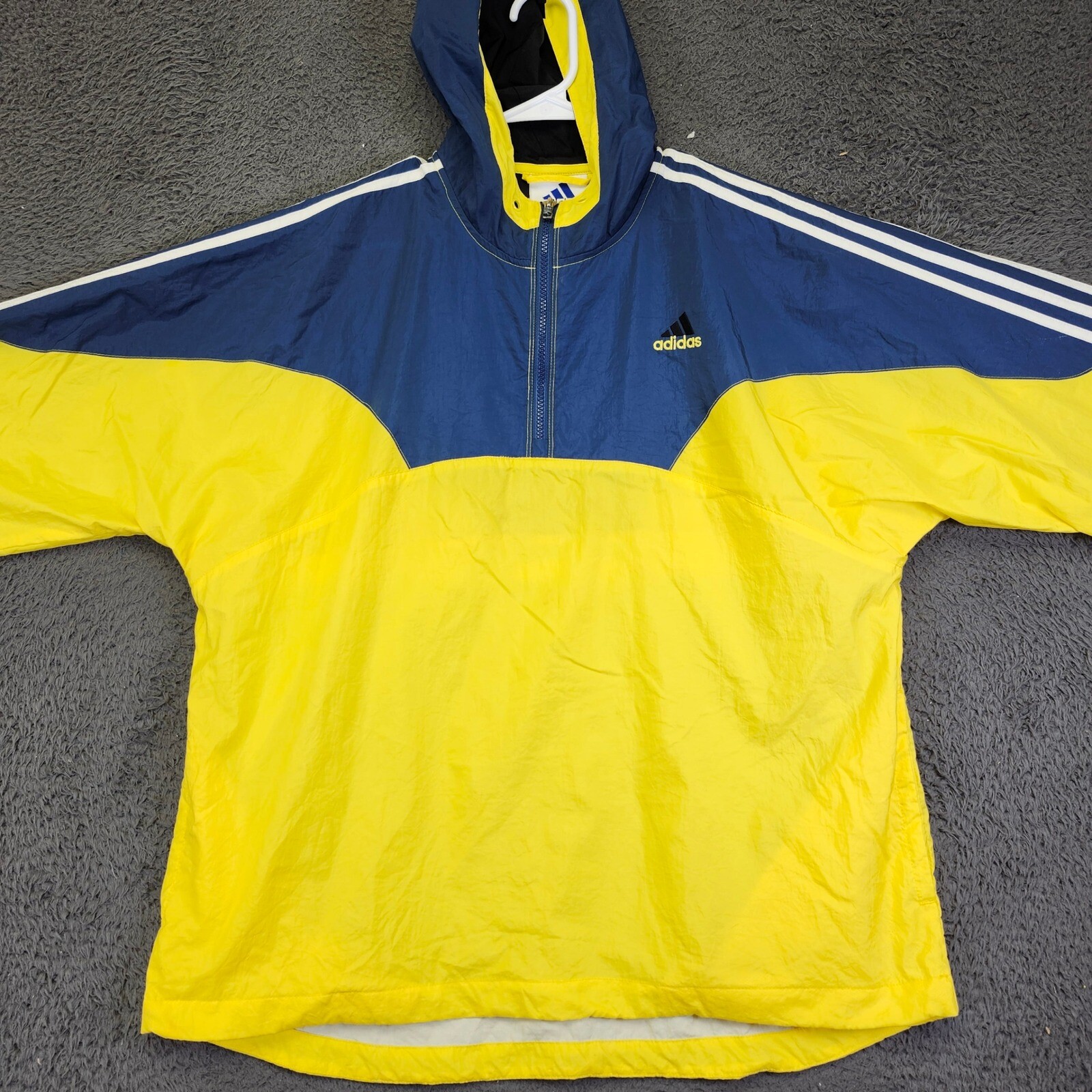 Vintage Adidas Pullover Windbreaker Jacket 3 Stripe Lightweight Blue Yellow L
