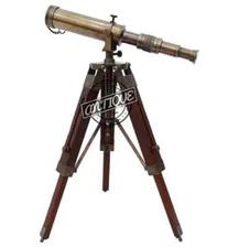 Vintage Brass Telescope w/ Wooden Tripod Stand Antique Decor Home & Office Gifts