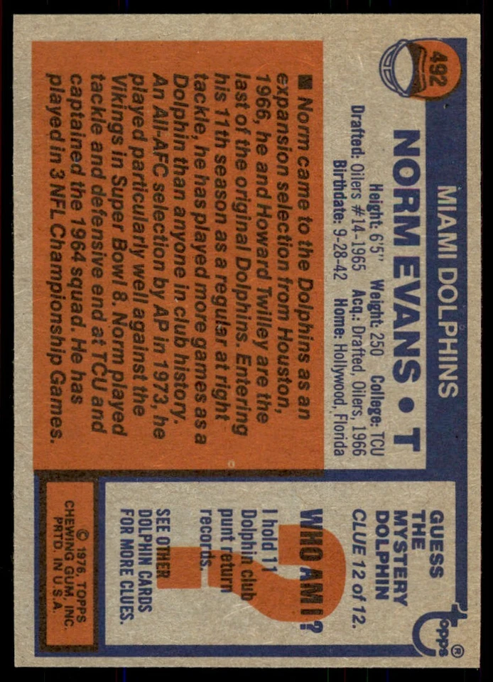 1976 Topps NM-MT Norm Evans #492 - Image 2 of 2