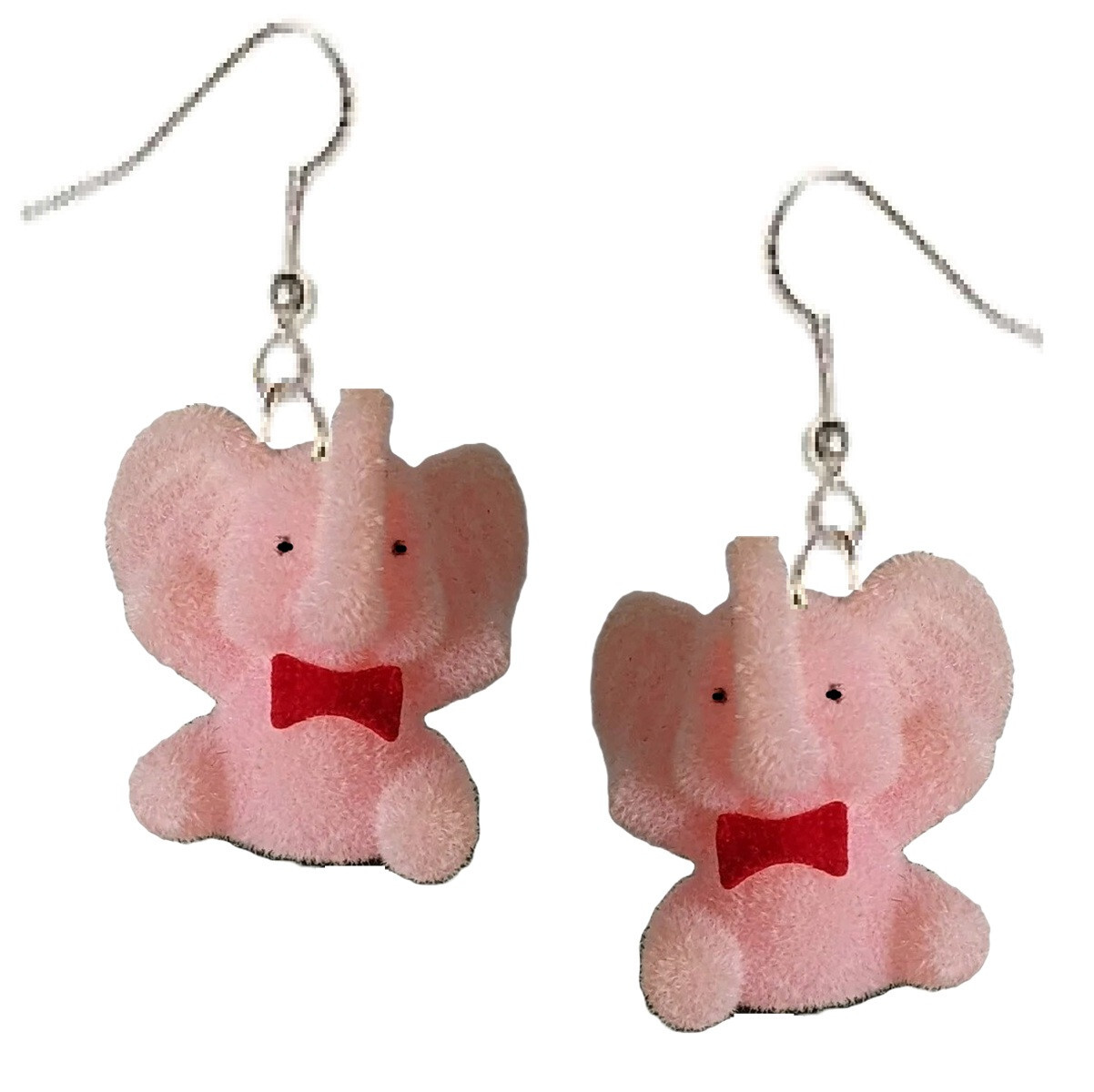 Retro Fuzzy PINK ELEPHANT Funky EARRINGS Baby Pachyderm Kawaii Novelty Jewelry