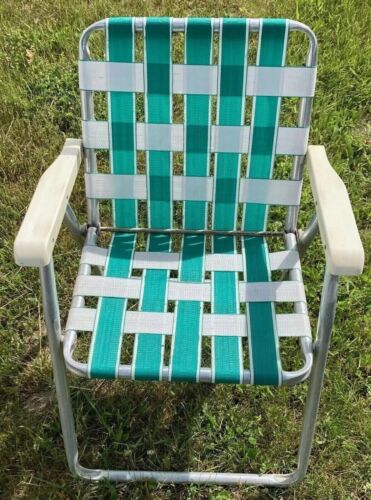 Vintage Aluminum Folding Webbed Lawn Chair Green White