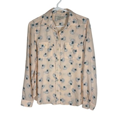 Ann Taylor Loft Womens XS Peach Floral Roll Tab Sleeve Button Down Blouse Top