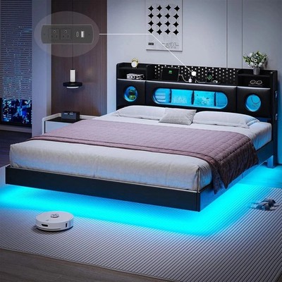 California King Bed Frames, Floating Bed with Storage Headboard & LED Lights