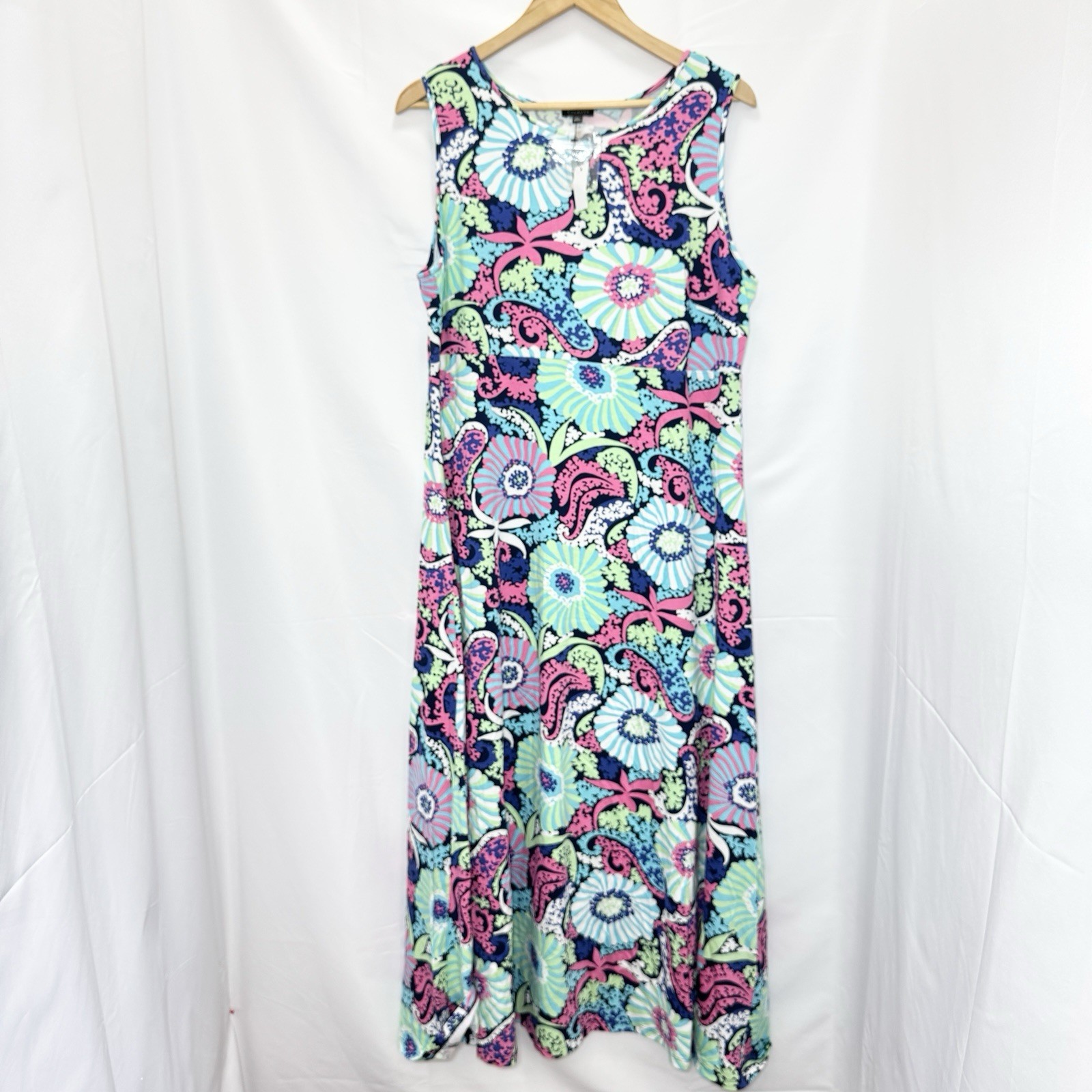 Talbots Filigree Floral Sleeveless Maxi Dress Jersey Knit Stretch XL Tropical