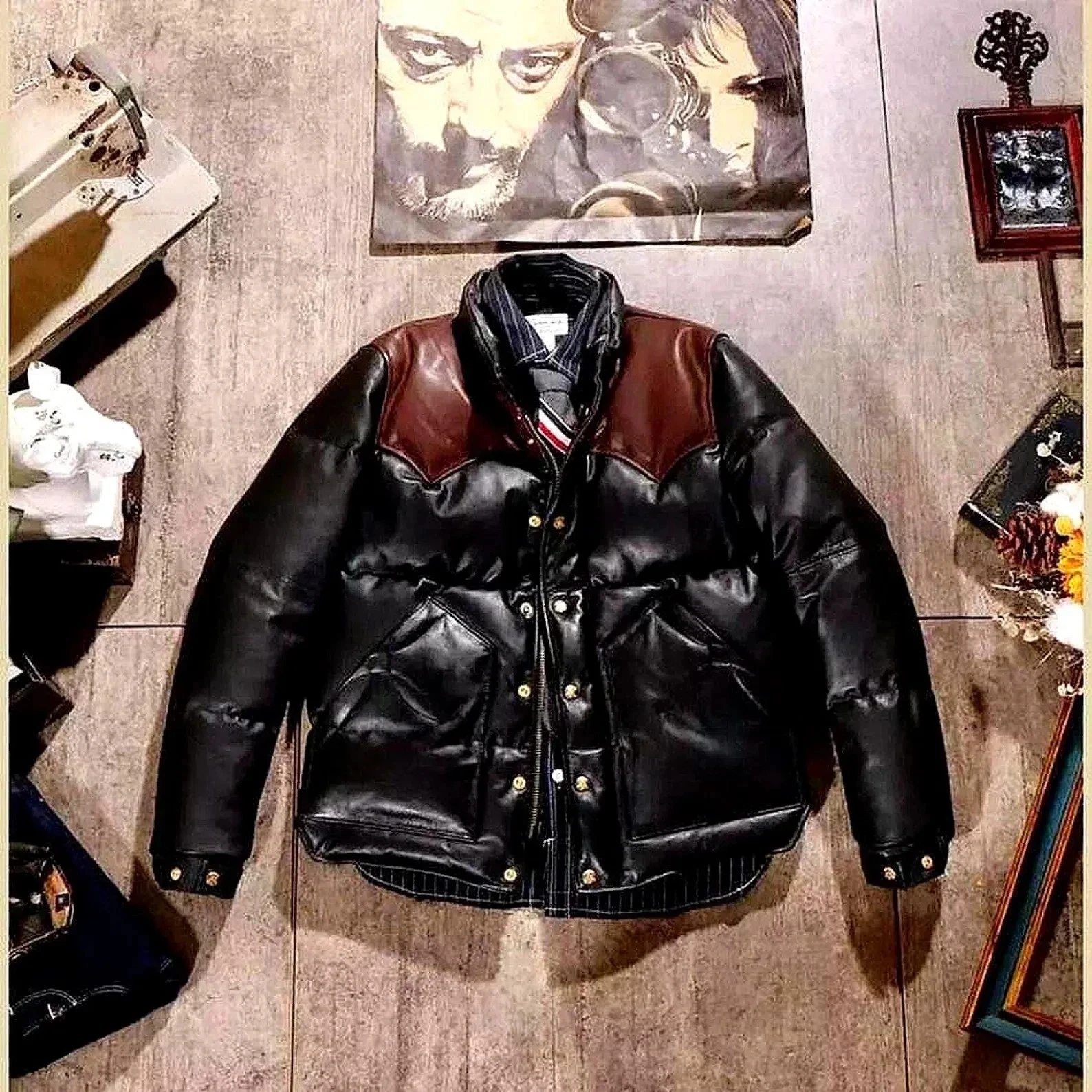 Men's Brown Puffer Jacket Genuine Leather Lambskin Quilted Down Puffer Jacket