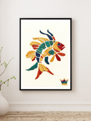 ''Abstract Tropical Fish'' Stencil Art Embroidered Re-Print Stretched Canvas 12x16